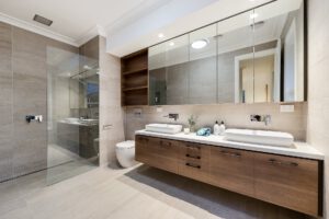bathroom with double vanity sinks