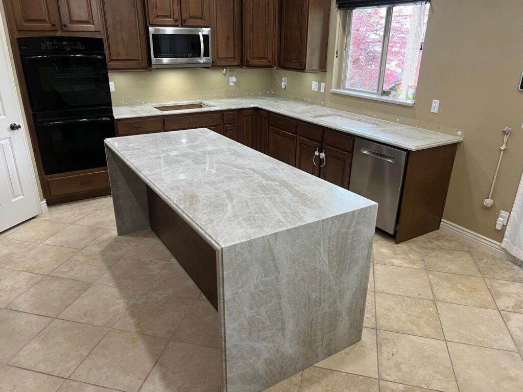 Granite island with waterfall edge