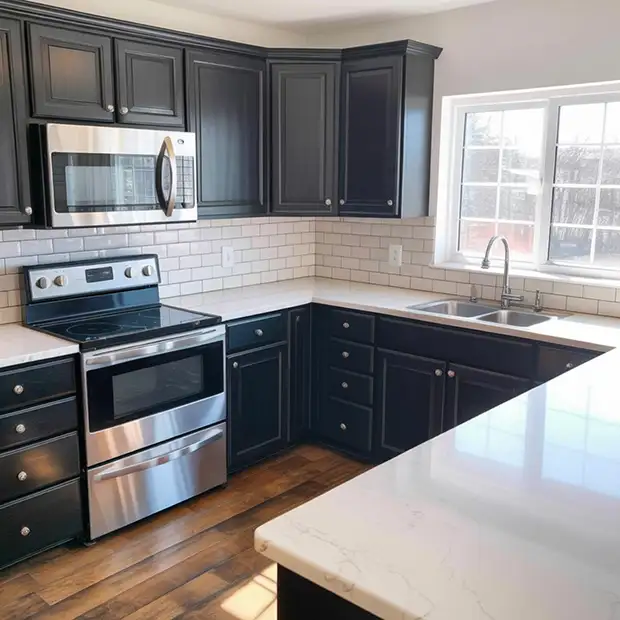 Kitchen with white granite counter tops